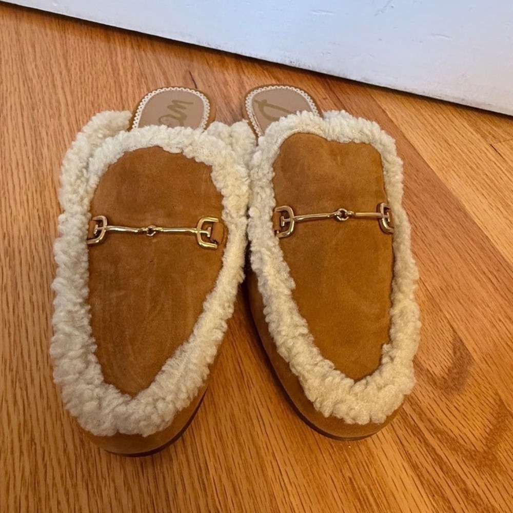 Sam Edelman Linnie Mule Tan Suede Faux Shearling Horsebit Loafer Slides 5.5